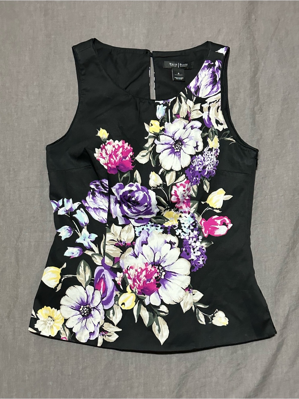 White House Black Market Black Floral Sleeveless Shell with Purple & Pink Blooms